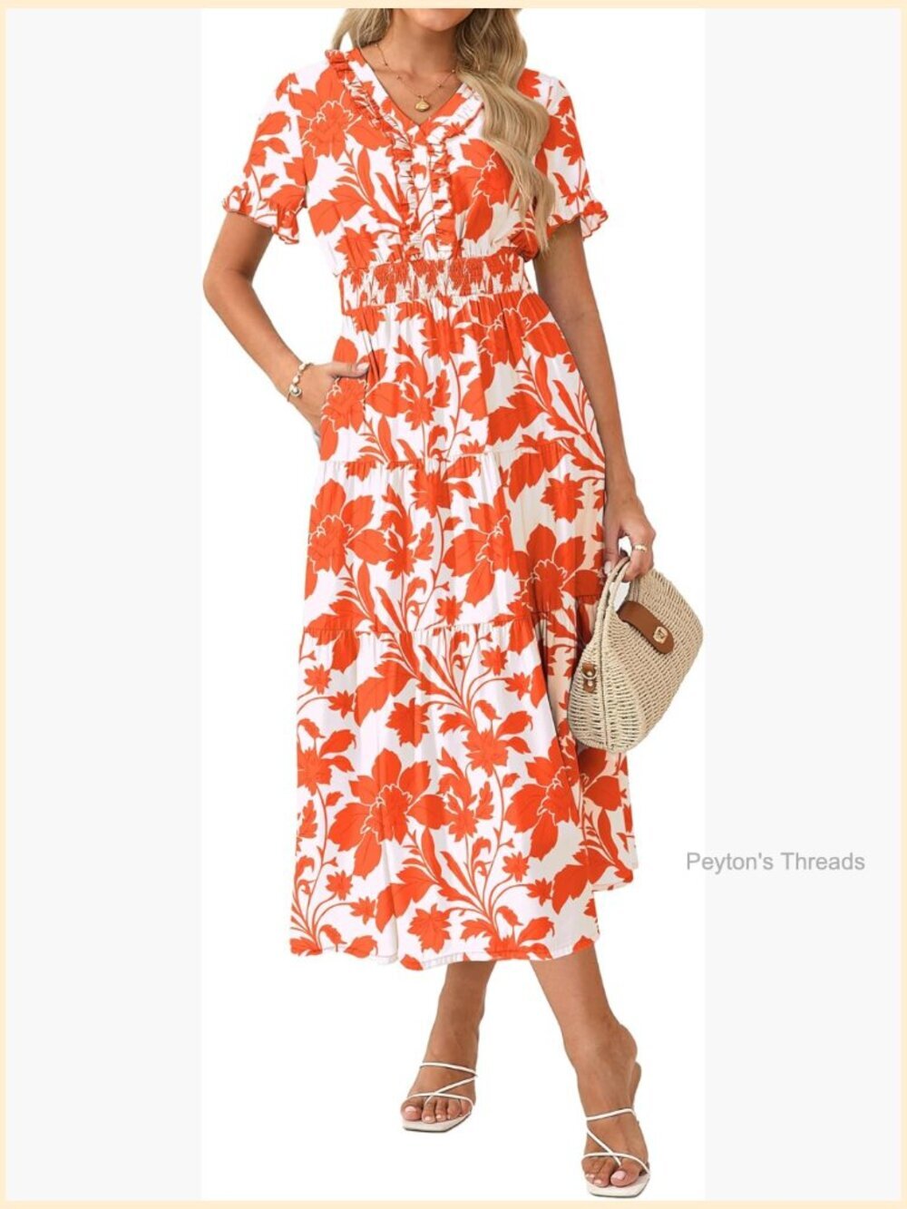 Short Sleeve V-Neck Ruffle Maxi A-Line Dress with Pockets